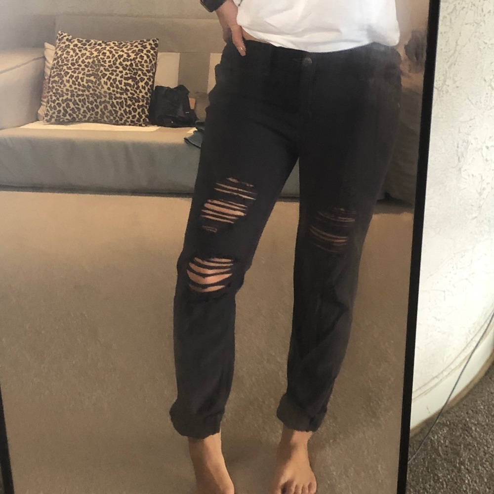 Grey Black Distressed Boyfriend Denim Jeans